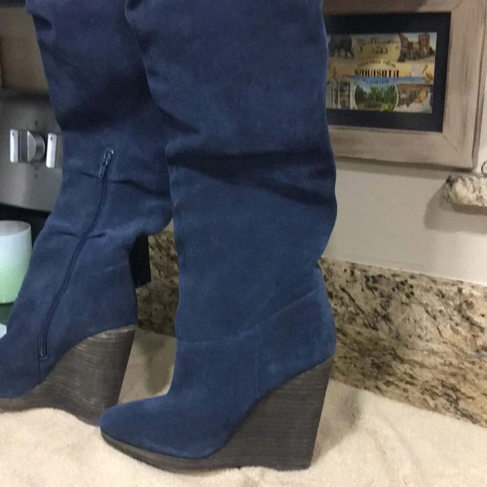 Charles David Navy Suede Leather Wedge Knee Boots 4” heel Slouchy Zip SZ 6M